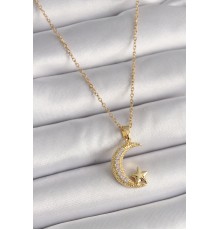 316L Çelik Gold Renk Zincir Zirkon Taşlı Hilal Model Yıldız Detay Kadın Kolye - TJ-BKO9654