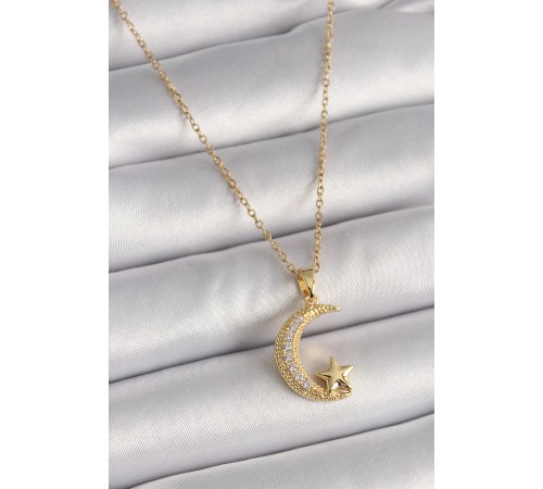 316L Çelik Gold Renk Zincir Zirkon Taşlı Hilal Model Yıldız Detay Kadın Kolye - TJ-BKO9654