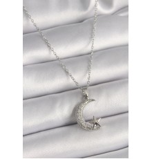 316L Çelik Gümüş Renk Zincir Zirkon Taşlı Hilal Model Yıldız Detay Kadın Kolye - TJ-BKO9655