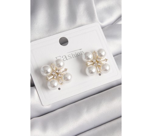 Pirinç Gold Renk Zirkon Taşlı İncili Kadın Küpe - TJ-BKP9947