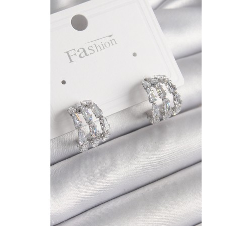 Pirinç Gümüş Renk Zirkon Taşlı Halka Model Kadın Küpe - TJ-BKP9956