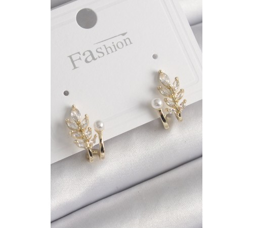 Pirinç Gold Renk Zirkon Taşlı Yaprak Model İnci Detay Küpe - TJ-BKP9959