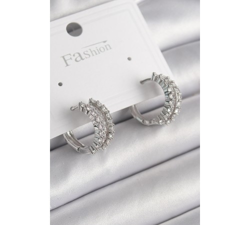 Pirinç Gümüş Renk Zirkon Taşlı Halka Model Kadın Küpe - TJ-BKP9966