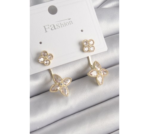 Pirinç Gold Renk Zirkon Taşlı Yonca Model Kadın Küpe - TJ-BKP9967