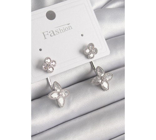 Pirinç Gümüş Renk Zirkon Taşlı Yonca Model Kadın Küpe - TJ-BKP9968