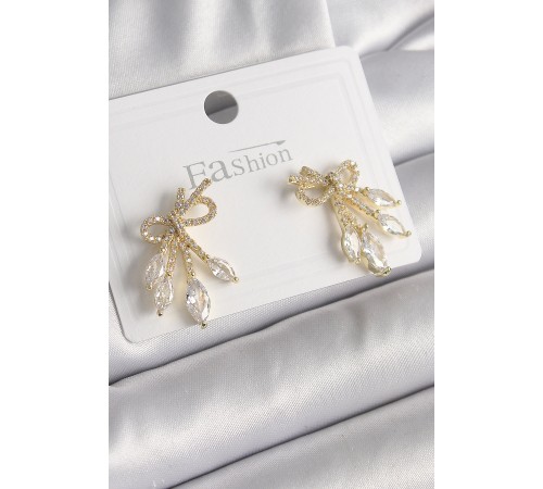 Pirinç Gold Renk Zirkon Taşlı Düğüm Model Damla Zirkon Taşlı Kadın Küpe - TJ-BKP9971