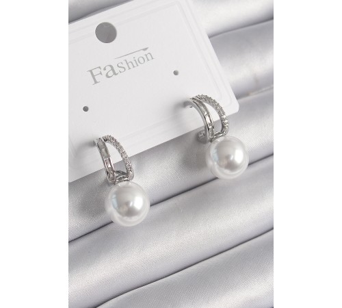 Pirinç Gümüş Renk Zirkon Taşlı Halka İnci Detay Kadın Küpe - TJ-BKP9986