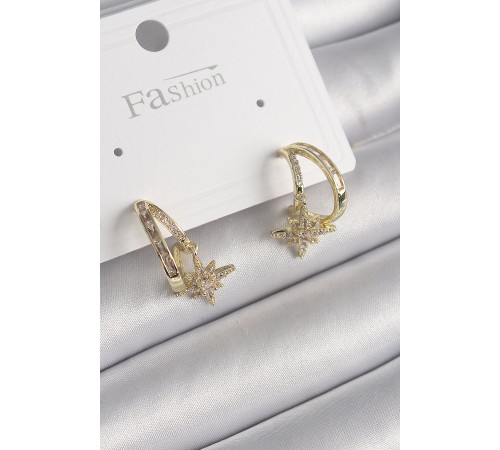 Pirinç Gold Renk Zirkon Taşlı Halka Model Yıldız Detay Kadın Küpe - TJ-BKP9989