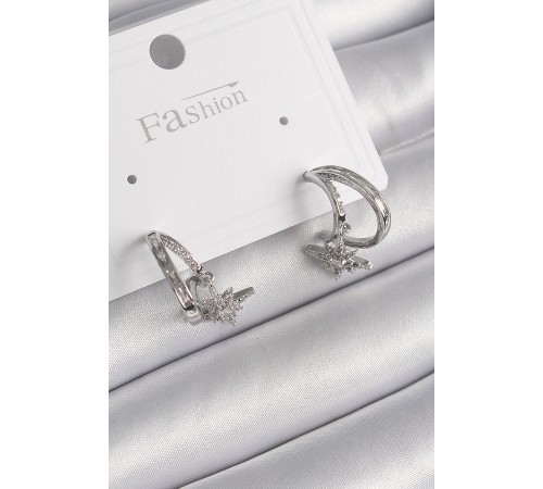 Pirinç Gümüş Renk Zirkon Taşlı Halka Model Sallantı Yıldız Detay Kadın Küpe - TJ-BKP9990