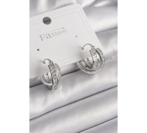 Pirinç Gümüş Renk Zirkon Taşlı Halka Model Kadın Küpe - TJ-BKP10002