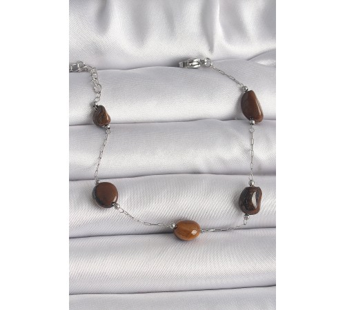 316L Çelik Gümüş Renk Zincir Kahverengi Doğaltaş Model Kadın Bileklik - TJ-BB6596