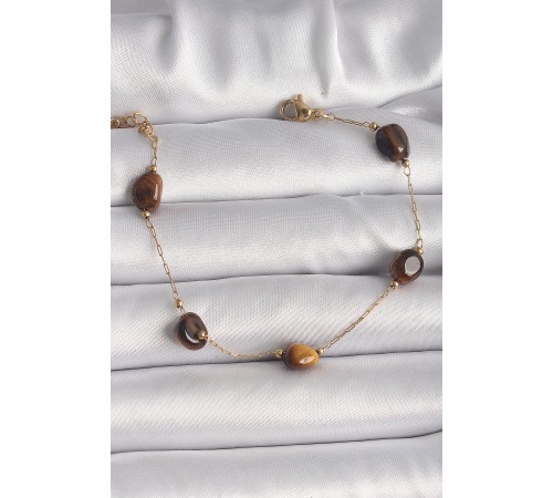 316L Çelik Gold Renk Zincir Kahverengi Doğaltaş Model Kadın Bileklik - TJ-BB6597