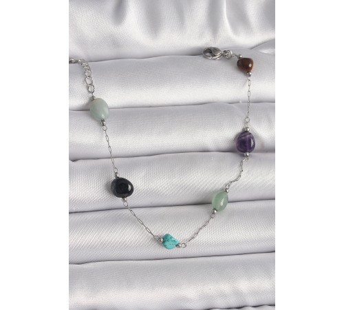 316L Çelik Gümüş Renk Zincir Renkli Doğaltaş Model Kadın Bileklik - TJ-BB6600