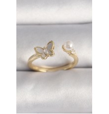 Pirinç Gold Renk Zirkon Taş Detaylı Beyaz Mineli Model İnci Detay Ayarlanabilir Yüzük - TJ-BYK3523