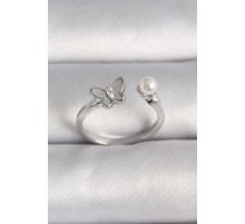 Pirinç Gümüş Renk Zirkon Taş Detaylı Beyaz Mineli Figür İnci Detay Ayarlanabilir Yüzük - TJ-BYK3524