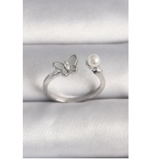 Pirinç Gümüş Renk Zirkon Taş Detaylı Beyaz Mineli Figür İnci Detay Ayarlanabilir Yüzük - TJ-BYK3524