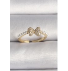 Pirinç Gold Renk Zirkon Taşlı Fiyonk İnci Detay Ayarlanabilir Yüzük - TJ-BYK3525
