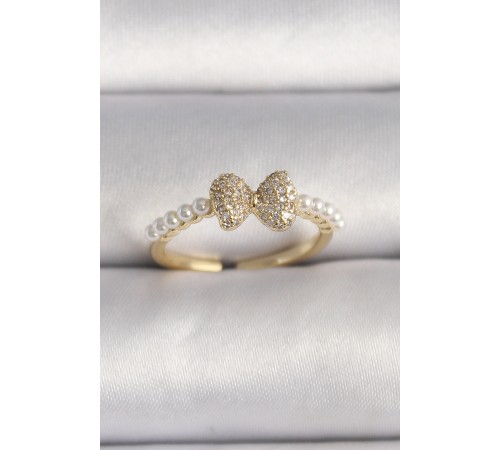 Pirinç Gold Renk Zirkon Taşlı Fiyonk İnci Detay Ayarlanabilir Yüzük - TJ-BYK3525