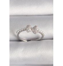Pirinç Gümüş Renk Zirkon Taşlı Fiyonk İnci Detay Ayarlanabilir Yüzük - TJ-BYK3526