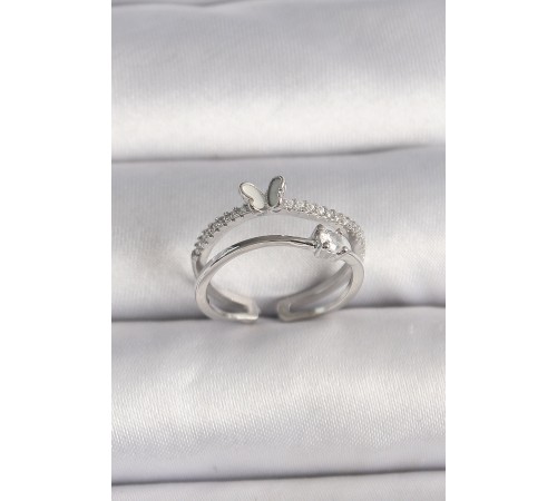 Pirinç Gümüş Renk Zirkon Taşlı Figürlü Ayarlanabilir Yüzük - TJ-BYK3528