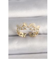 Pirinç Gold Renk Zirkon Taş Detaylı Beyaz Mineli Model Ayarlanabilir Yüzük - TJ-BYK3529