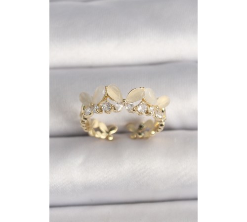 Pirinç Gold Renk Zirkon Taş Detaylı Beyaz Mineli Model Ayarlanabilir Yüzük - TJ-BYK3529