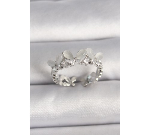 Pirinç Gümüş Renk Zirkon Taşlı Beyaz Mineli Model Ayarlanabilir Yüzük - TJ-BYK3530