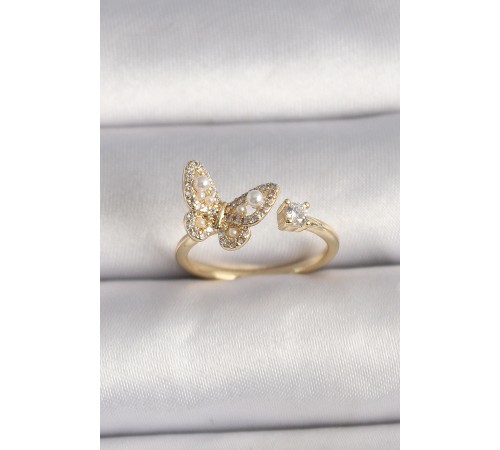 Pirinç Gold Renk Zirkon Taşlı Model İnci Detay Ayarlanabilir Yüzük - TJ-BYK3533