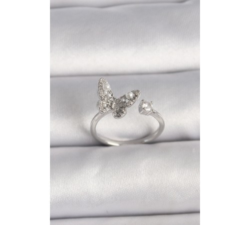 Pirinç Gümüş Renk Zirkon Taşlı Model İnci Detay Ayarlanabilir Yüzük - TJ-BYK3534