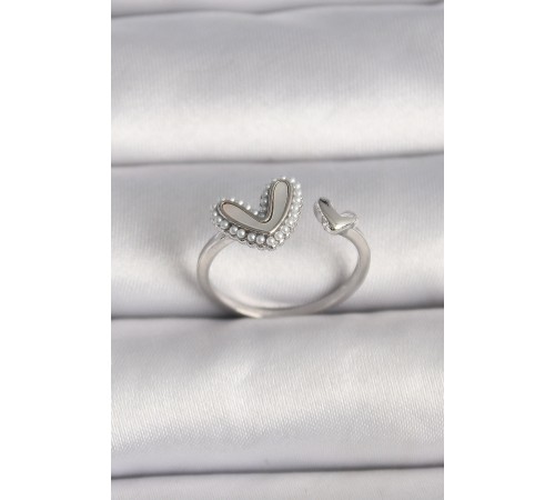 Pirinç Gümüş Renk Beyaz Mineli İnci Detaylı Kalp Model Ayarlanabilir Yüzük - TJ-BYK3536