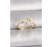 Pirinç Gold Renk Zirkon Taş Detaylı İncili Ayarlanabilir Yüzük - TJ-BYK3541