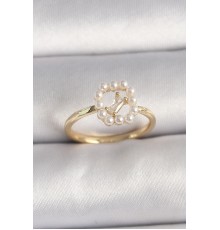 Pirinç Gold Renk Zirkon Taş Detaylı İncili Ayarlanabilir Yüzük - TJ-BYK3541