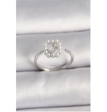 Pirinç Gümüş Renk Zirkon Taş Detaylı İncili Ayarlanabilir Yüzük - TJ-BYK3542