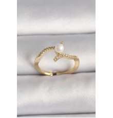 Pirinç Gold Renk Zirkon Taşlı İncili Ayarlanabilir Yüzük - TJ-BYK3547