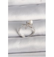 Pirinç Gümüş Renk Zirkon Taşlı Deniz Yıldızı Model İnci Detay Ayarlanabilir Yüzük - TJ-BYK3550