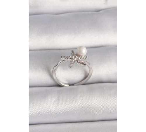 Pirinç Gümüş Renk Zirkon Taşlı Deniz Yıldızı Model İnci Detay Ayarlanabilir Yüzük - TJ-BYK3550