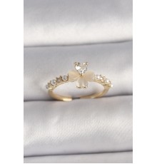 Pirinç Gümüş Renk Zirkon Taşlı Beyaz Mineli Yonca Model İnci Detay Ayarlanabilir Yüzük - TJ-BYK3551