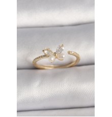 Pirinç Gold Renk Zirkon Taşlı Mode İnci Detay Ayarlanabilir Yüzük - TJ-BYK3557