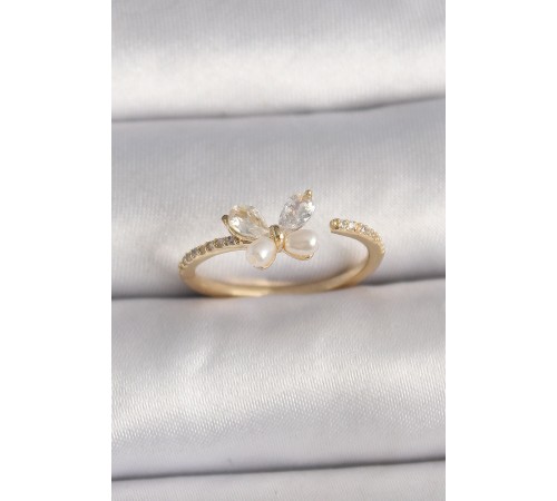 Pirinç Gold Renk Zirkon Taşlı Mode İnci Detay Ayarlanabilir Yüzük - TJ-BYK3557