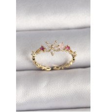 Pirinç Gold Renk Zirkon Taşlı Çiçek Model Ayarlanabilir Yüzük - TJ-BYK3563
