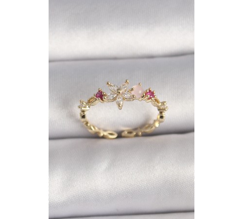 Pirinç Gold Renk Zirkon Taşlı Çiçek Model Ayarlanabilir Yüzük - TJ-BYK3563