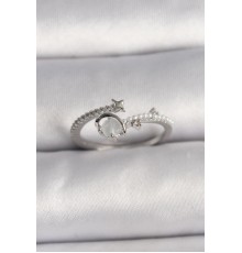 Pirinç Gümüş Renk Zirkon Taşlı Beyaz Mineli Yıldız Detay Ayarlanabilir Kadın Yüzük - TJ-BYK3570