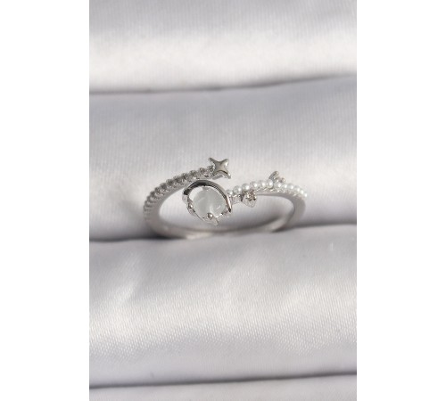 Pirinç Gümüş Renk Zirkon Taşlı Beyaz Mineli Yıldız Detay Ayarlanabilir Kadın Yüzük - TJ-BYK3570