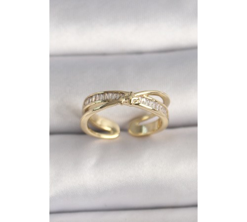 Pirinç Gold Renk Zirkon Taşlı Yıldız Detaylı Ayarlanabilir Kadın Yüzük - TJ-BYK3573