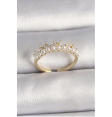 Pirinç Gold Renk Zirkon Taşlı İncili Taç Model Ayarlanabilir Kadın Yüzük - TJ-BYK3576