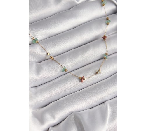 316L Çelik Gold Renk Zincir Renkli Doğaltaş Model Kadın Kolye - TJ-BKO9663