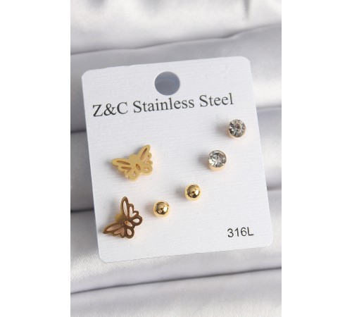 316L Çelik Gold Renk Zirkon Taşlı Figür Kadın Küpe Seti - TJ-BKP10007