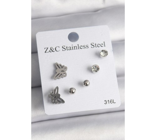 316L Çelik Gümüş Renk Zirkon Taşlı Model Kadın Küpe Seti - TJ-BKP10008