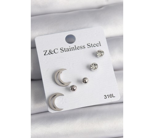 316L Çelik Gümüş Renk Zirkon Taşlı Hilal Model Kadın Küpe Seti - TJ-BKP10010