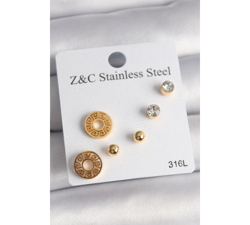 316L Çelik Gold Renk Zirkon Taşı Labirent Model Kadın Küpe Seti - TJ-BKP10011